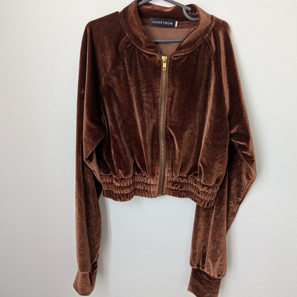 NWOT Honey Bum 2 Piece Golden Brown Velvet Long Sleeve Lounge Set, Small